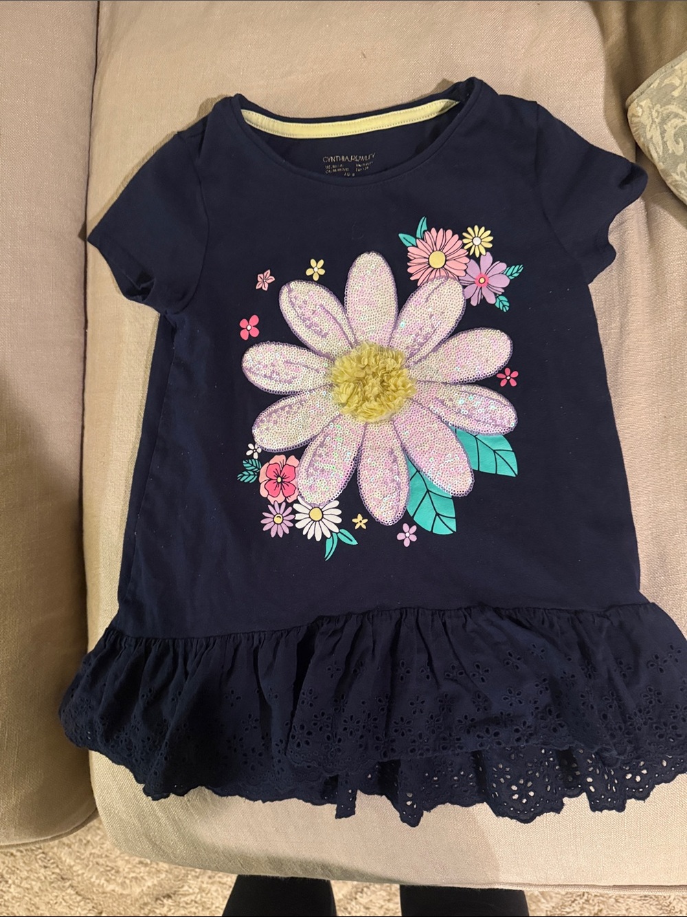 Cynthia Rowley Navy Short-Sleeve Tee with Pink Sequin Daisy